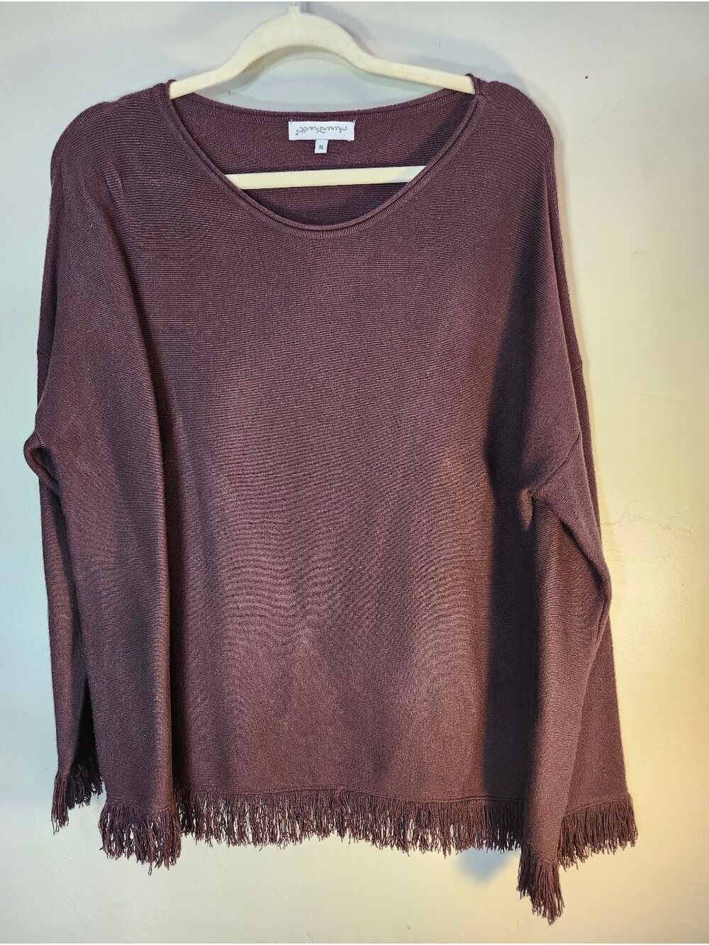 KEREN hart Brown fringe-hem crewneck Soft sweater